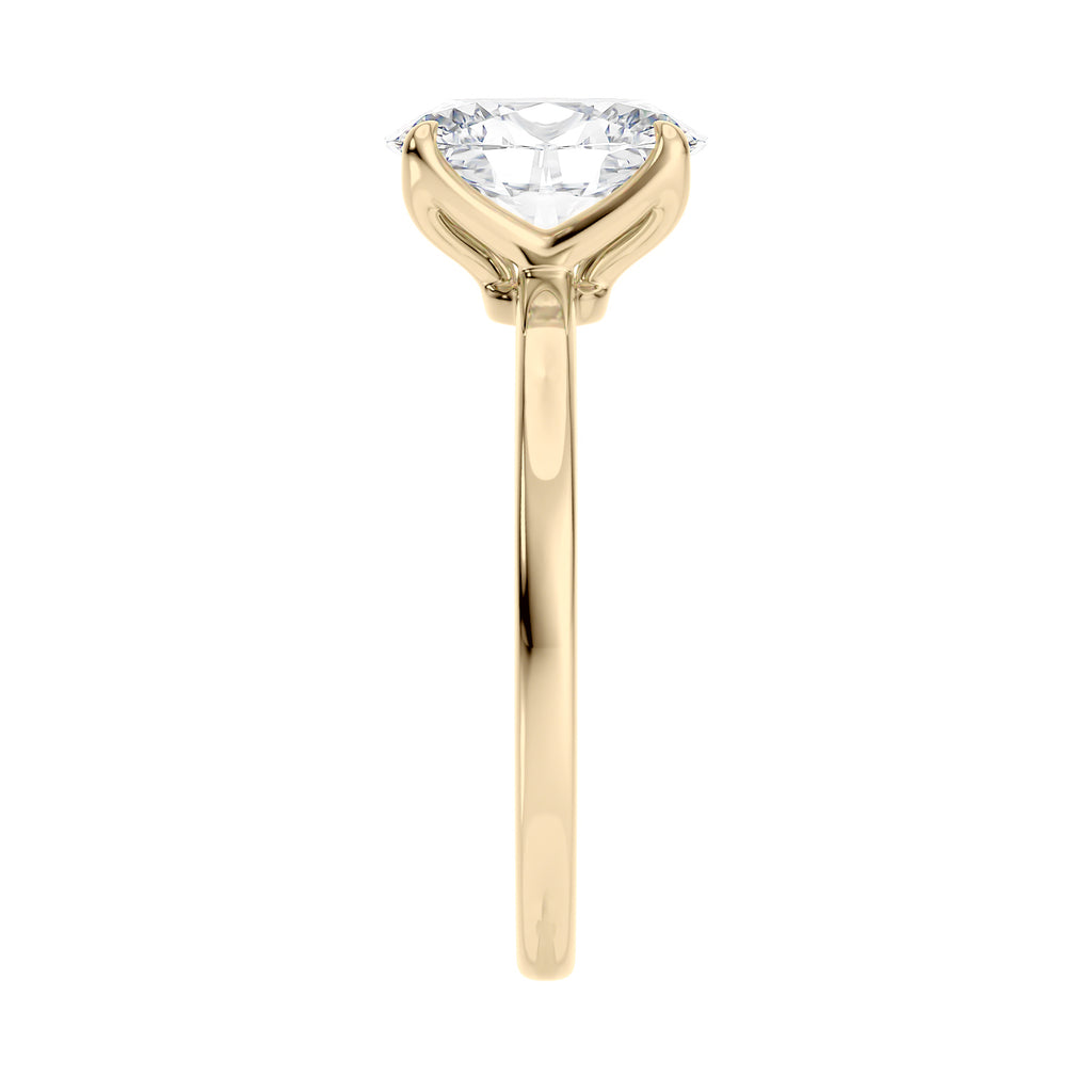 Lab grown oval diamond solitaire engagement ring with contemporary setting 18ct gold end view.