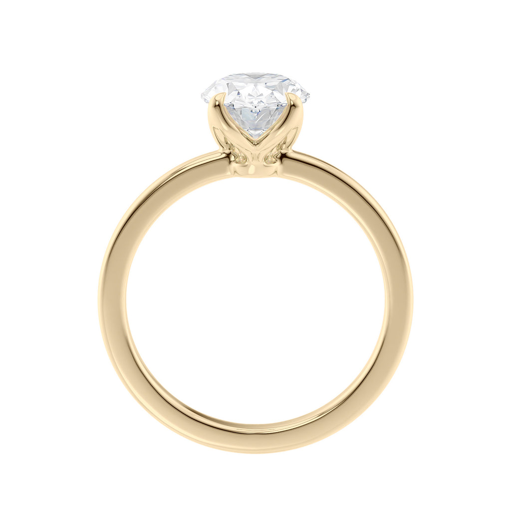 Lab grown oval diamond solitaire engagement ring with contemporary setting 18ct gold side view.