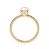 Lab grown oval diamond solitaire engagement ring with contemporary setting 18ct gold side view.