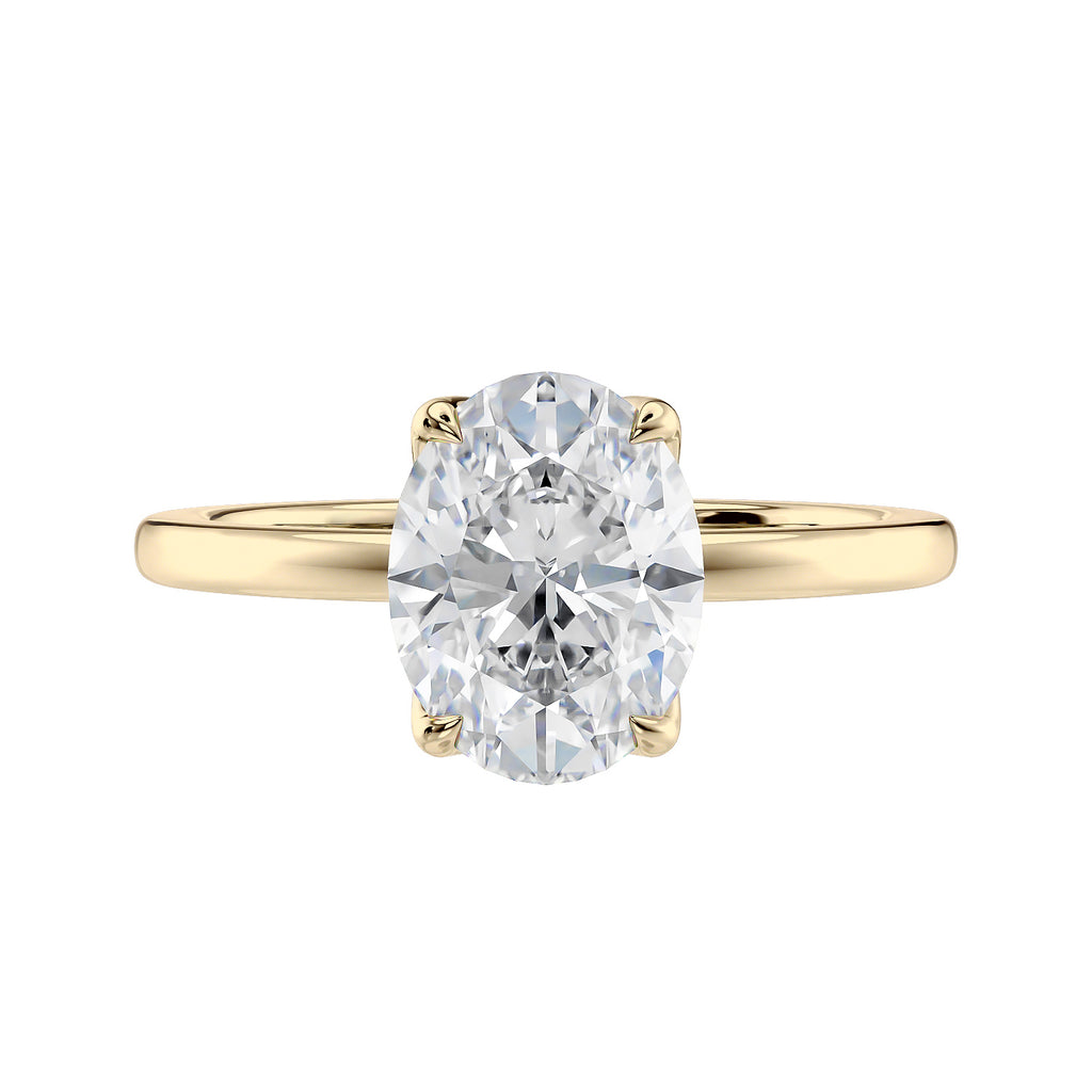 Lab grown oval diamond solitaire engagement ring with contemporary setting 18ct gold front view.