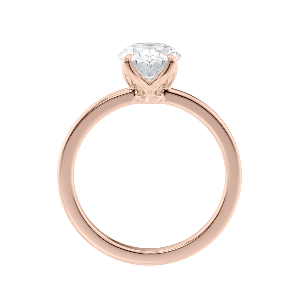Lab grown oval diamond solitaire engagement ring with contemporary setting 18ct rose gold side view.