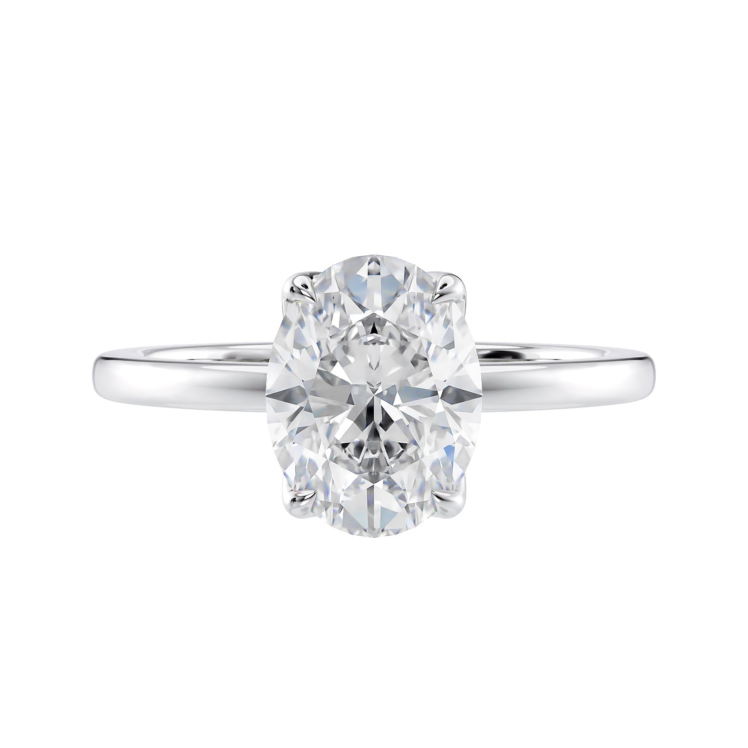 Lab grown oval diamond solitaire engagement ring with contemporary setting white gold front view.