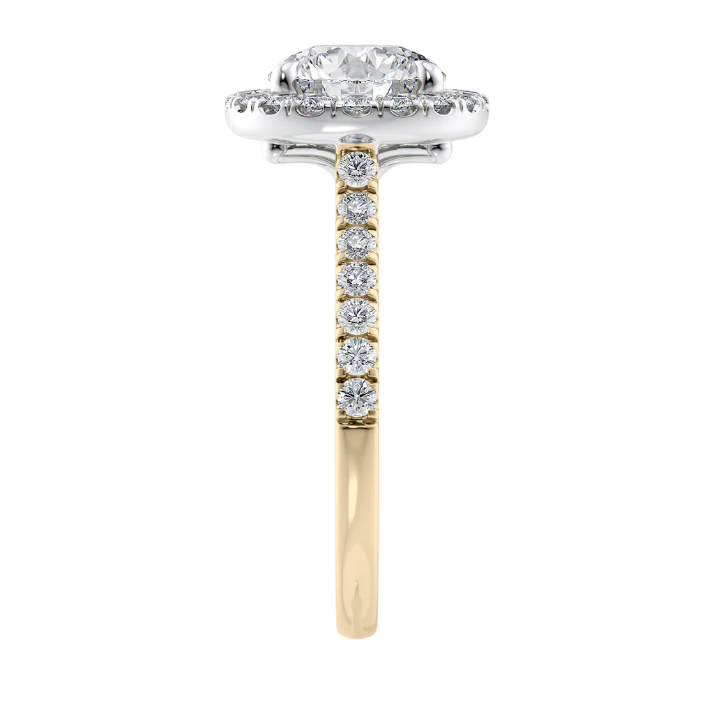 Round natural halo diamond engagement ring gold end view.