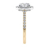 Round natural halo diamond engagement ring gold end view.