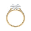 Round natural halo diamond engagement ring gold side view.