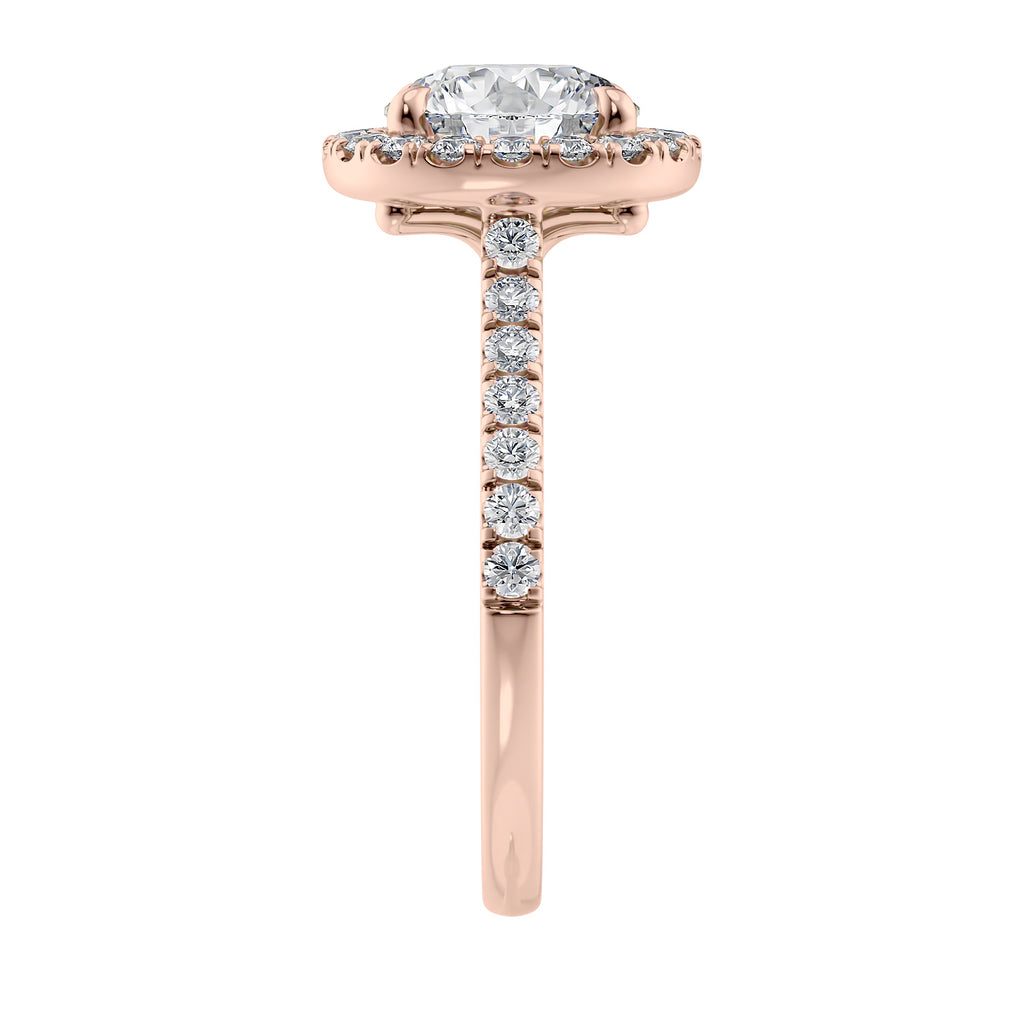 Round natural halo diamond engagement ring rose gold end view.