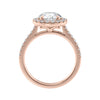 Round natural halo diamond engagement ring rose gold side view.