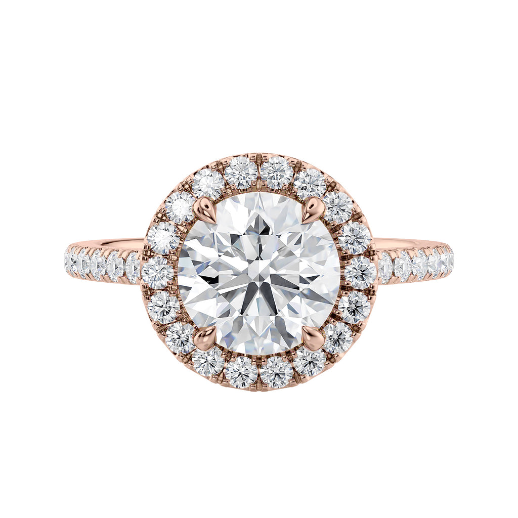 Round natural halo diamond engagement ring rose gold front view.