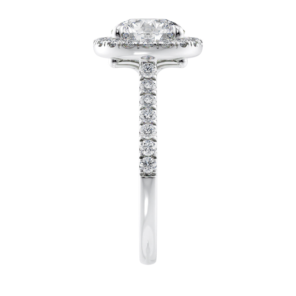 Round natural halo diamond engagement ring white gold end view.