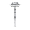 Round natural halo diamond engagement ring white gold end view.