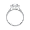 Round natural halo diamond engagement ring white gold side view.