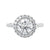 Round natural halo diamond engagement ring white gold front view.