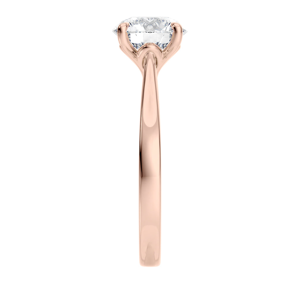 Laboratory grown round diamond engagement ring rose gold end view.