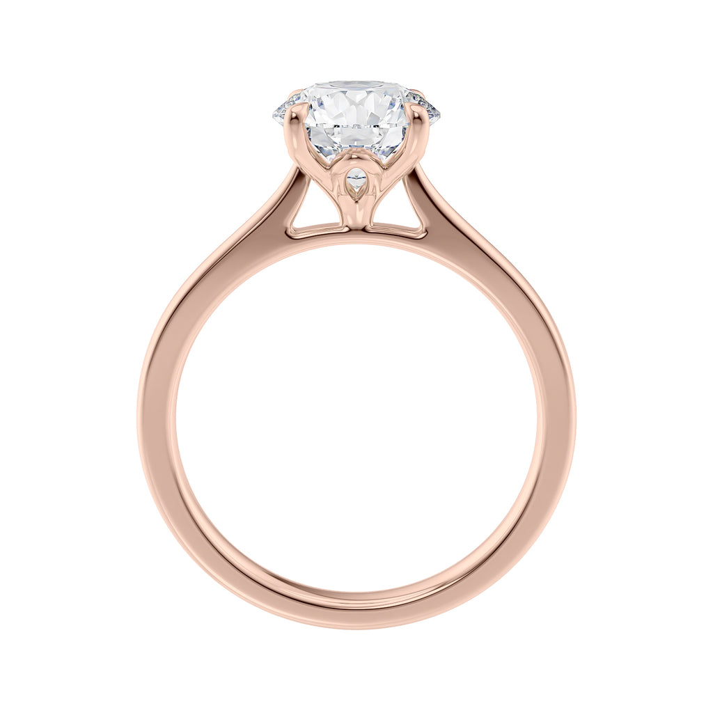 Laboratory grown round diamond engagement ring rose gold side view.