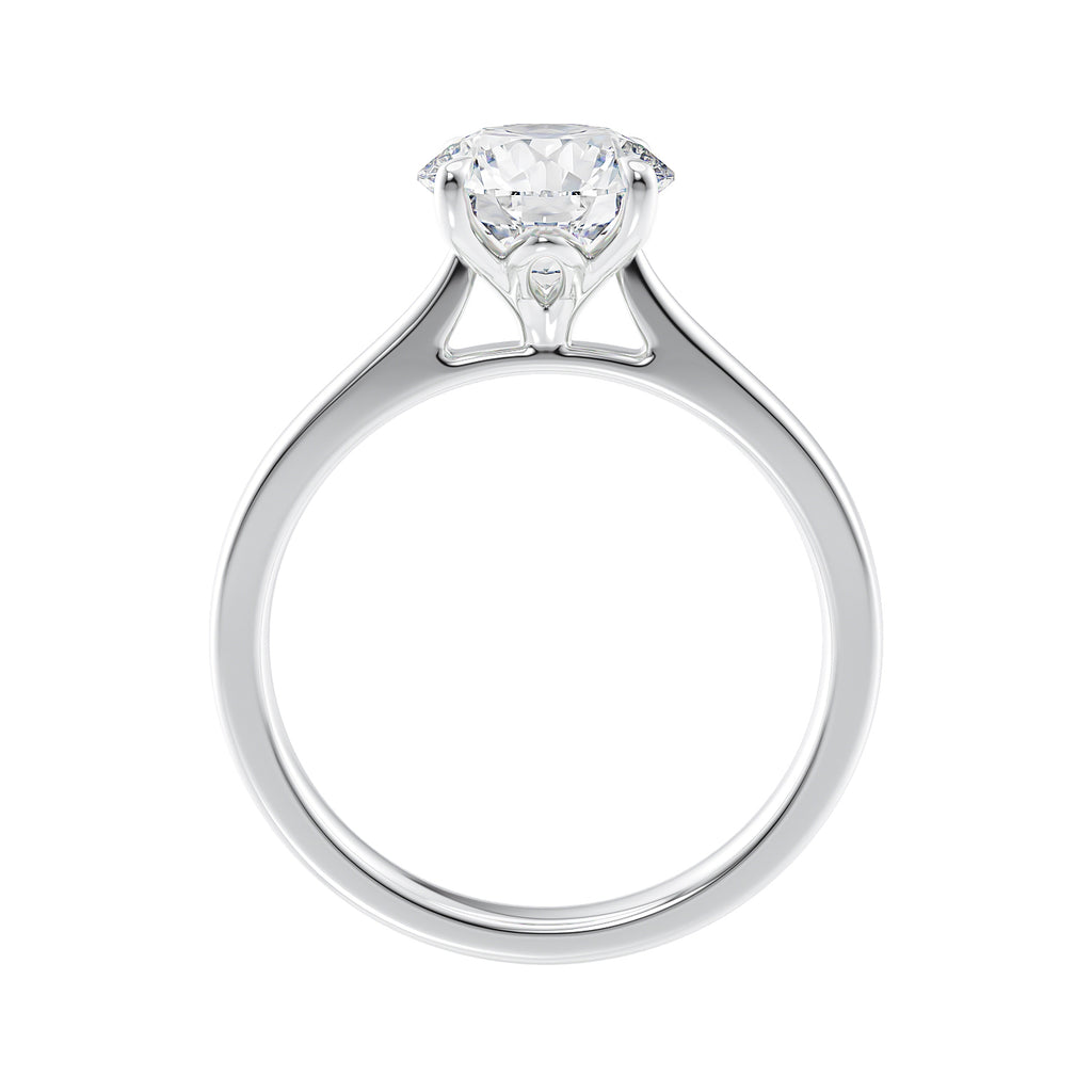 Lab grown diamond round engagement ring white gold side view.