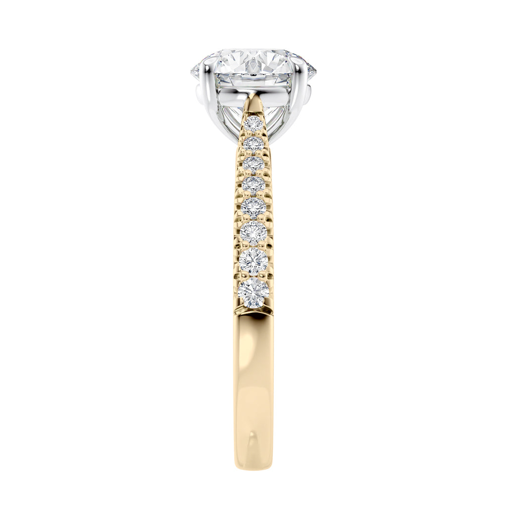 Round natural diamond 18ct gold tapered band engagement ring end view.