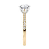 Round natural diamond 18ct gold tapered band engagement ring end view.