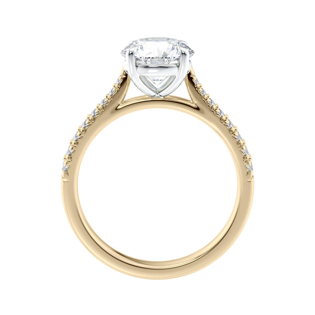 Round natural diamond 18ct gold tapered band engagement ring side view.
