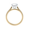 Round natural diamond 18ct gold tapered band engagement ring side view.