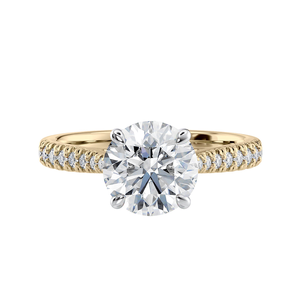 Round natural diamond 18ct gold tapered band engagement ring front view.