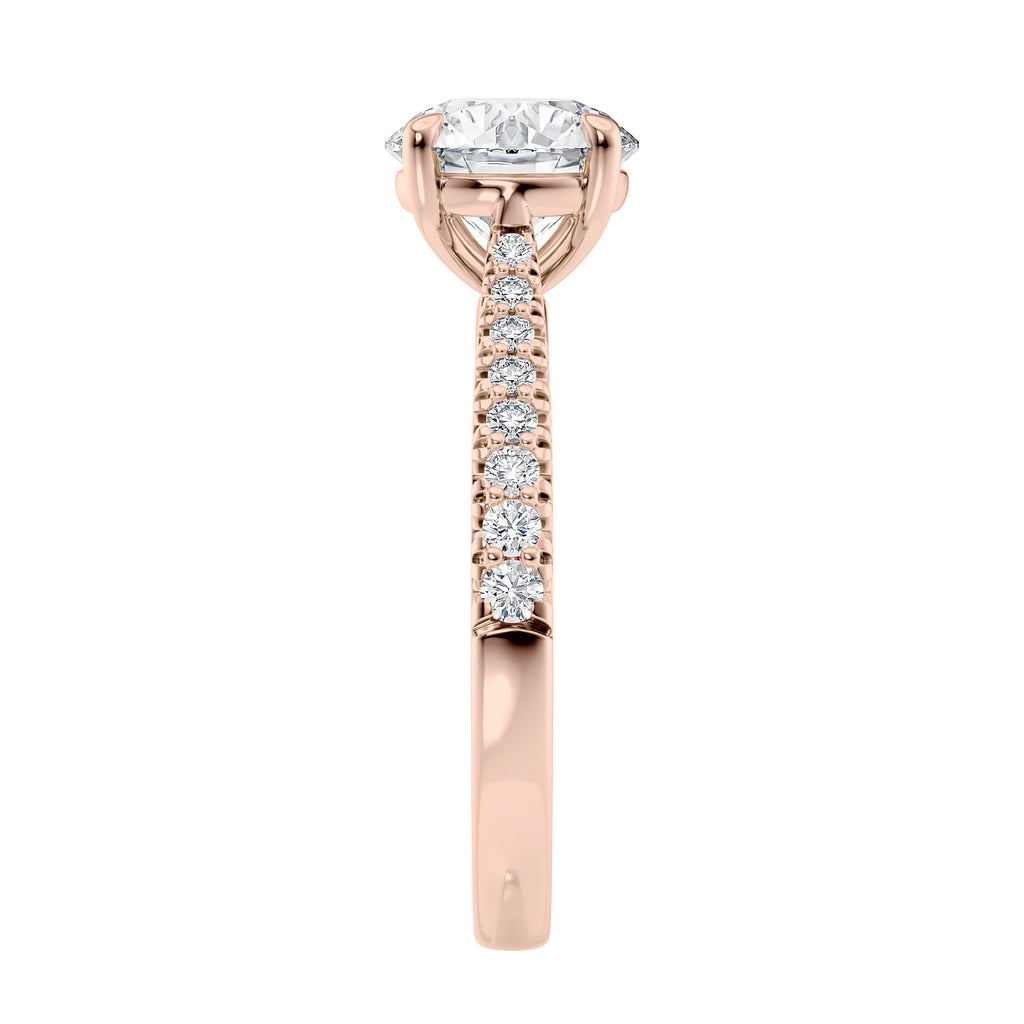 Round natural diamond 18ct rose gold tapered band engagement ring end view.