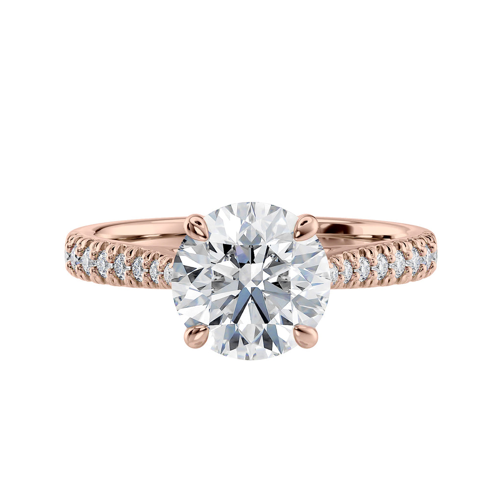 Round natural diamond 18ct rose gold tapered band engagement ring front view.