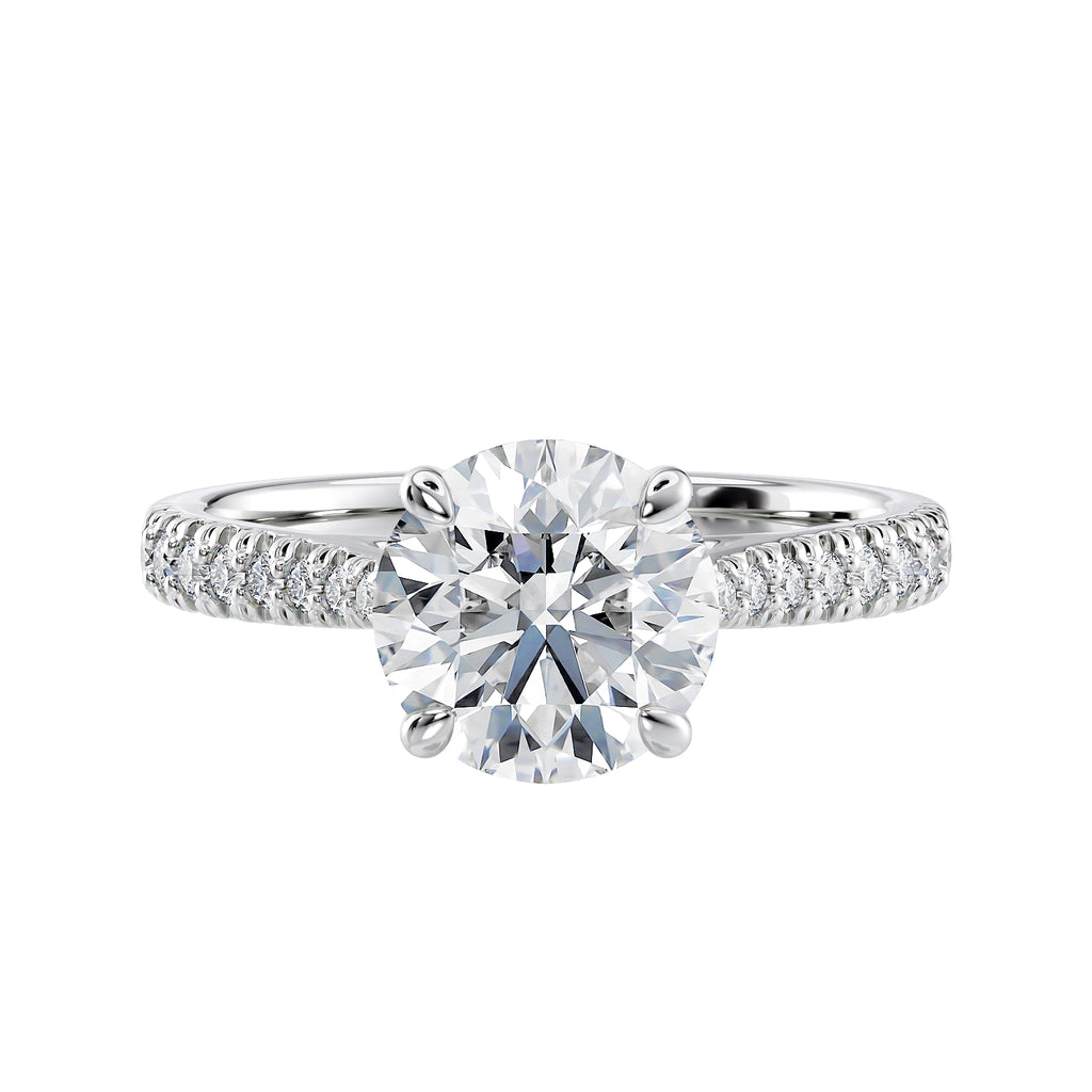 Round natural diamond white gold tapered band engagement ring front view.