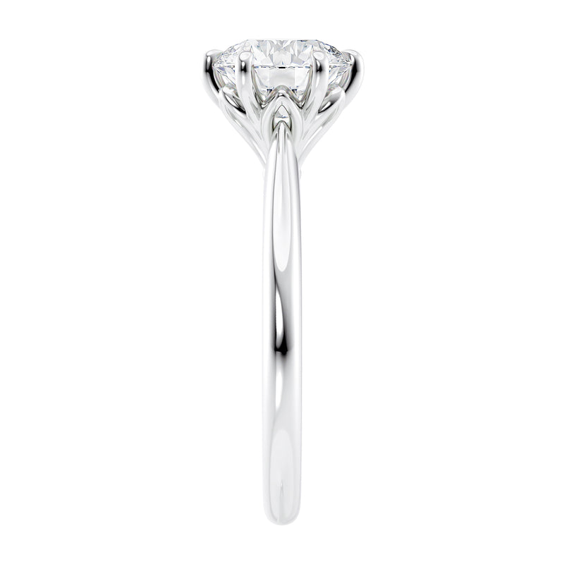 6 claw solitaire lab grown diamond engagement ring white gold end view.