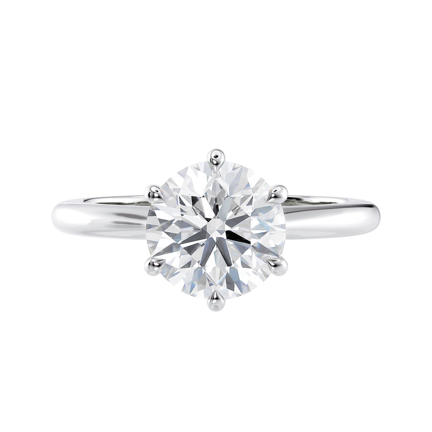 6 claw solitaire lab grown diamond engagement ring white gold front view.