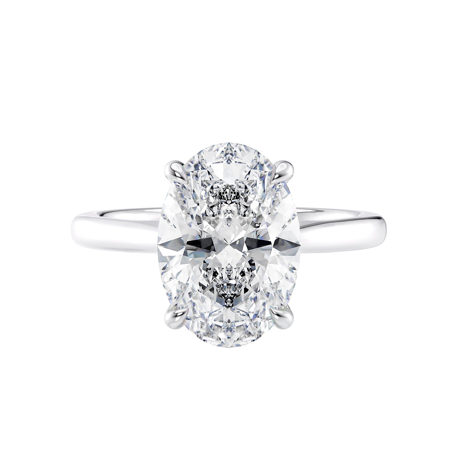 2 carat oval diamond engagement ring with hidden halo detail white gold front view.