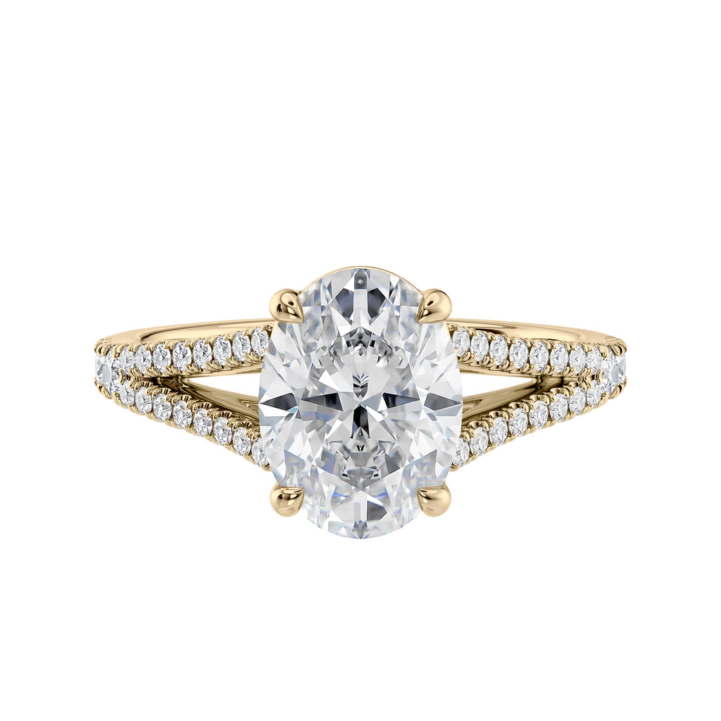 Oval laboratory grown diamond with diamond split band engagement ring 18ct gold front view.