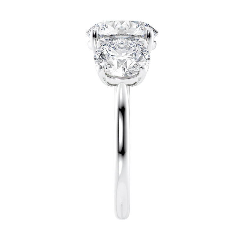 Round 2.50 carat 3 stone lab diamond engagement ring white gold end view.