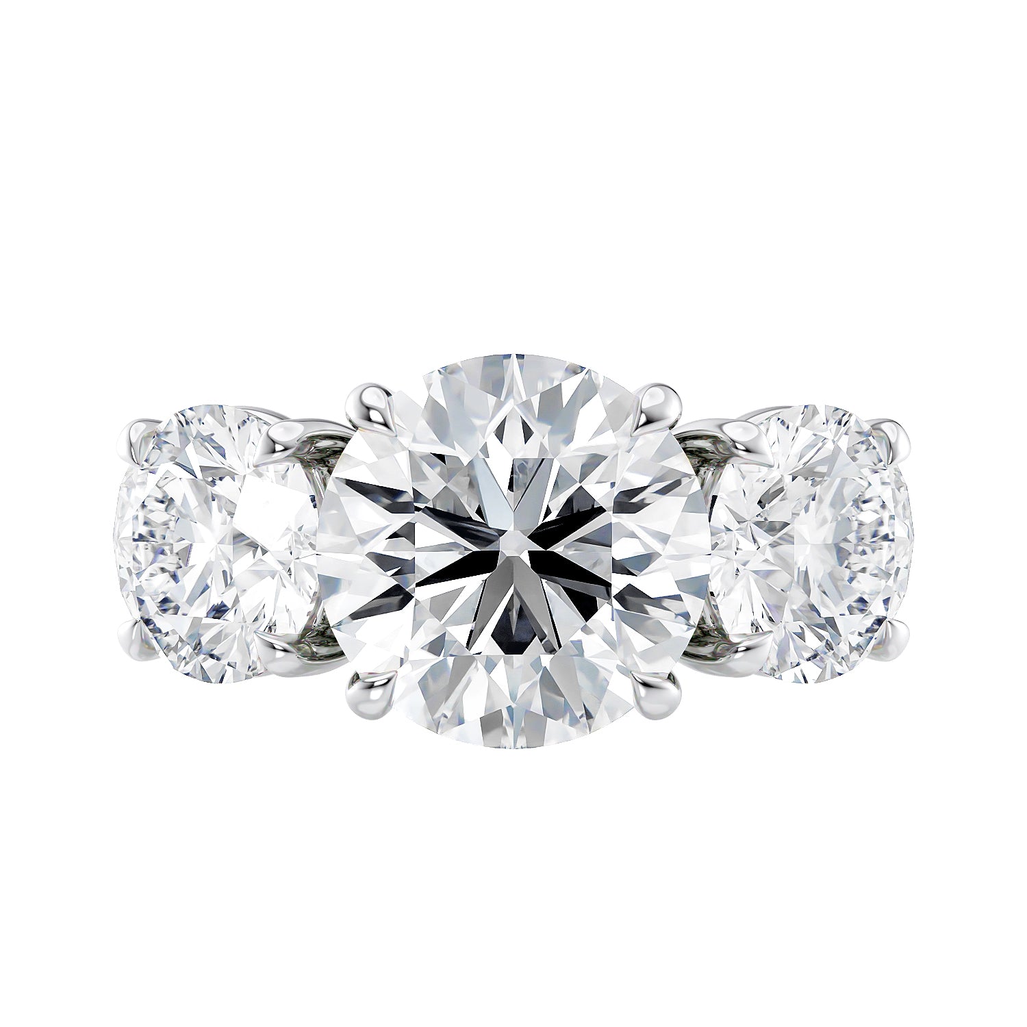 Round 2.50 carat 3 stone lab diamond engagement ring white gold front view.