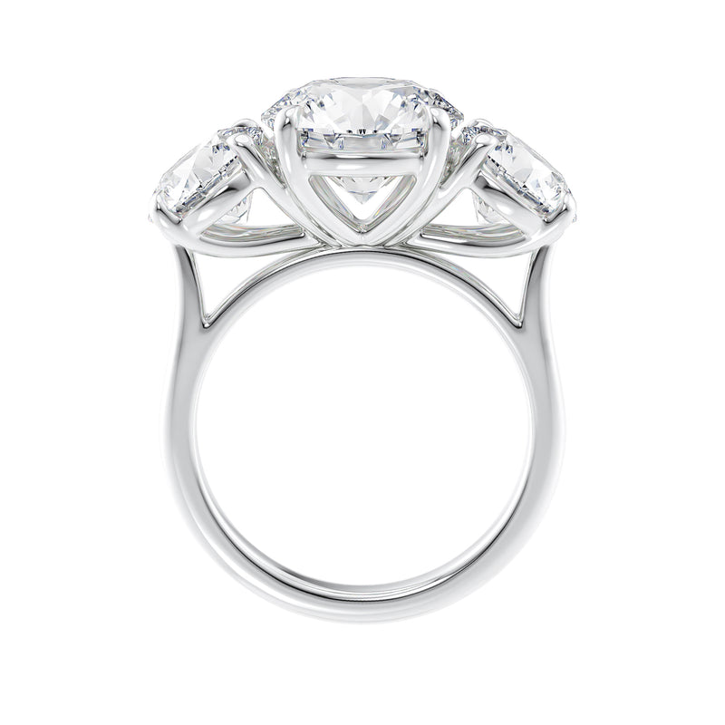Round 2.50 carat 3 stone lab diamond engagement ring white gold side view.