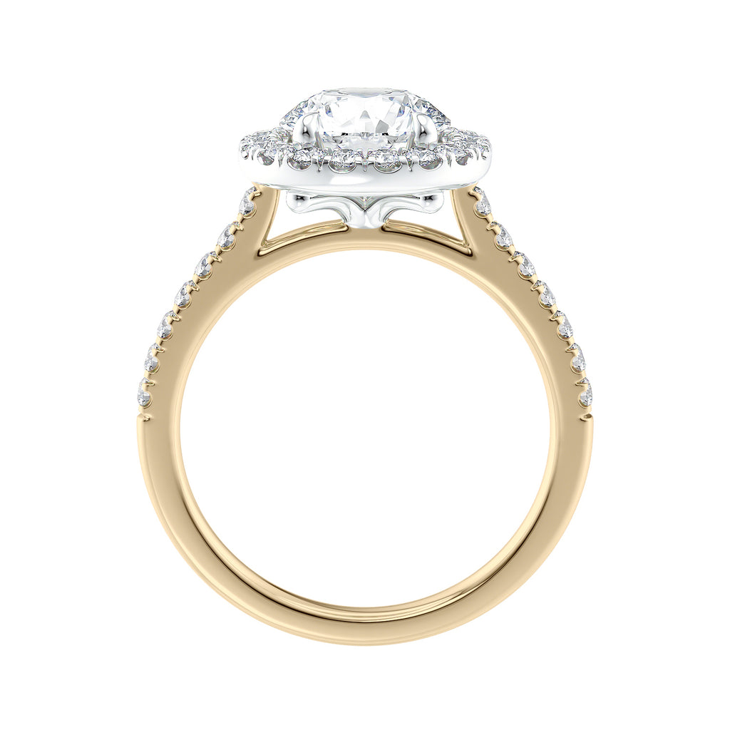 1.5 carat round cut lab grown diamond halo engagement ring with diamond band gold side view.
