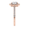 1.5 carat round cut lab grown diamond halo engagement ring with diamond band rose gold end view.