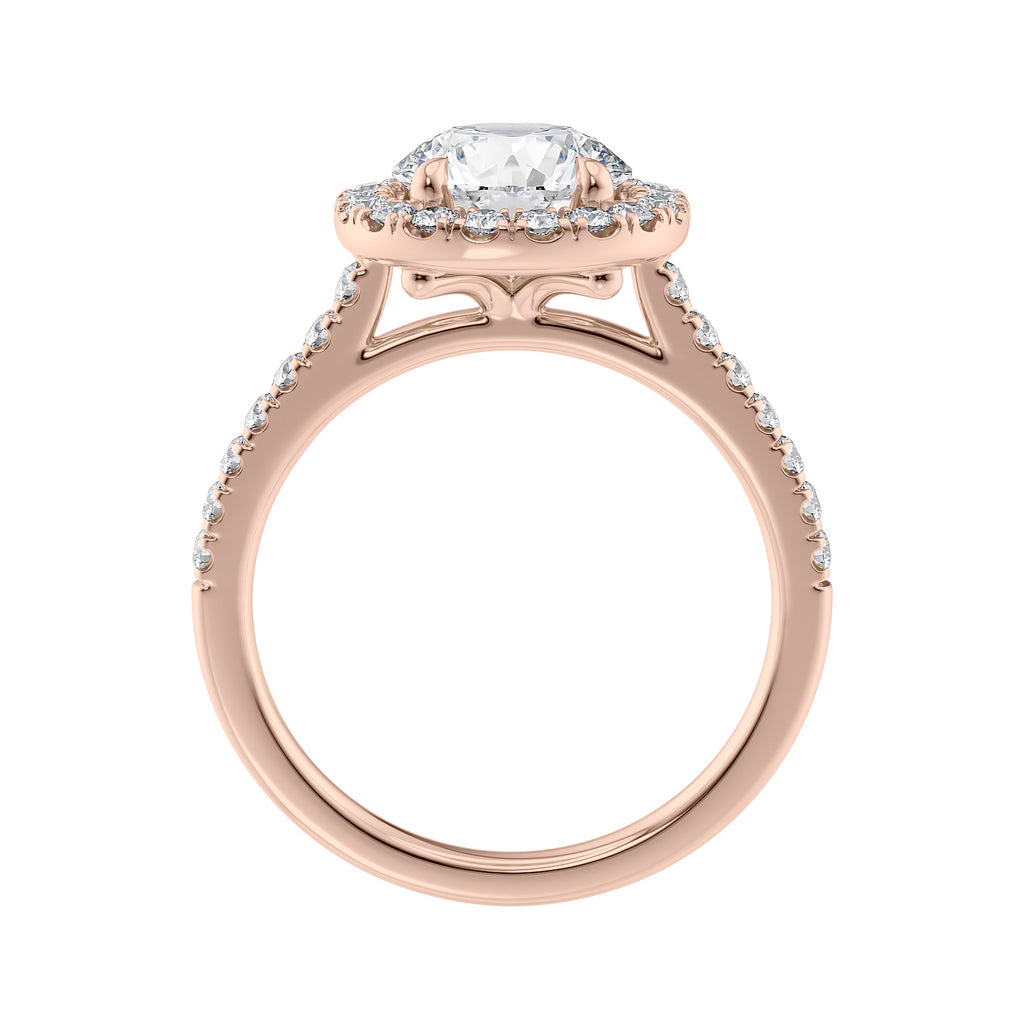 1.5 carat round cut lab grown diamond halo engagement ring with diamond band rose gold side view.