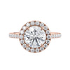 1.5 carat round cut lab grown diamond halo engagement ring with diamond band rose gold front view.