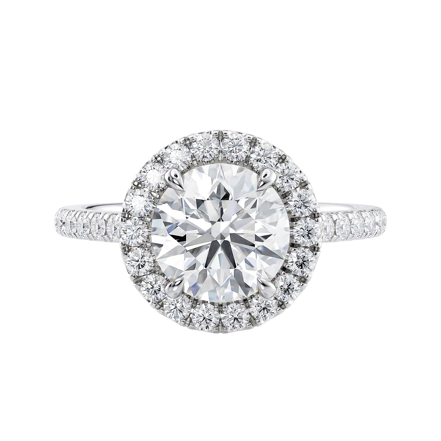 1.5 carat round cut lab grown diamond halo engagement ring with diamond band white gold front view.