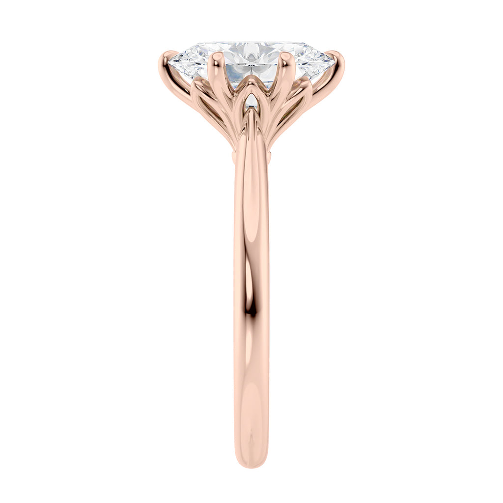 Oval shape lab grown diamond engagement ring 6 claws 18ct rose gold end view.