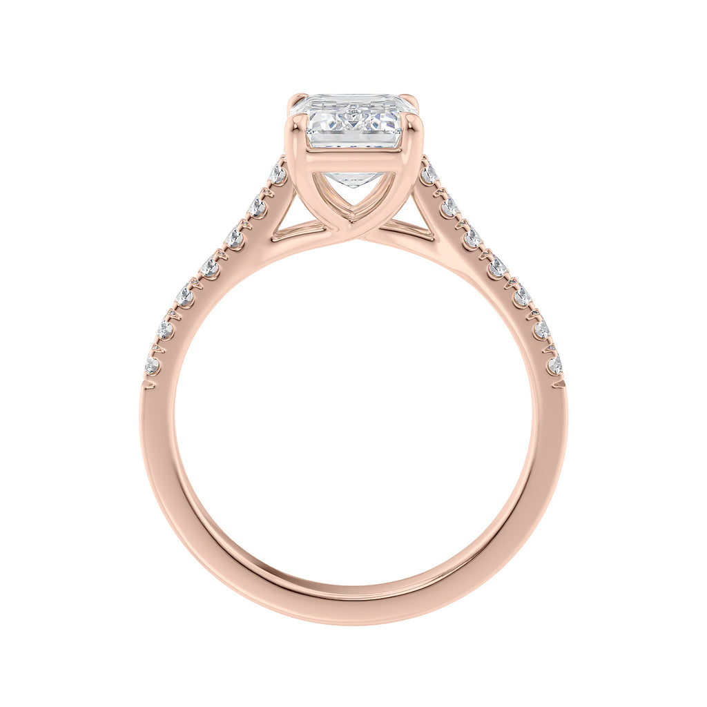 Emerald cut lab grown diamond engagement ring with castle set diamond band 18ct rose gold side view.