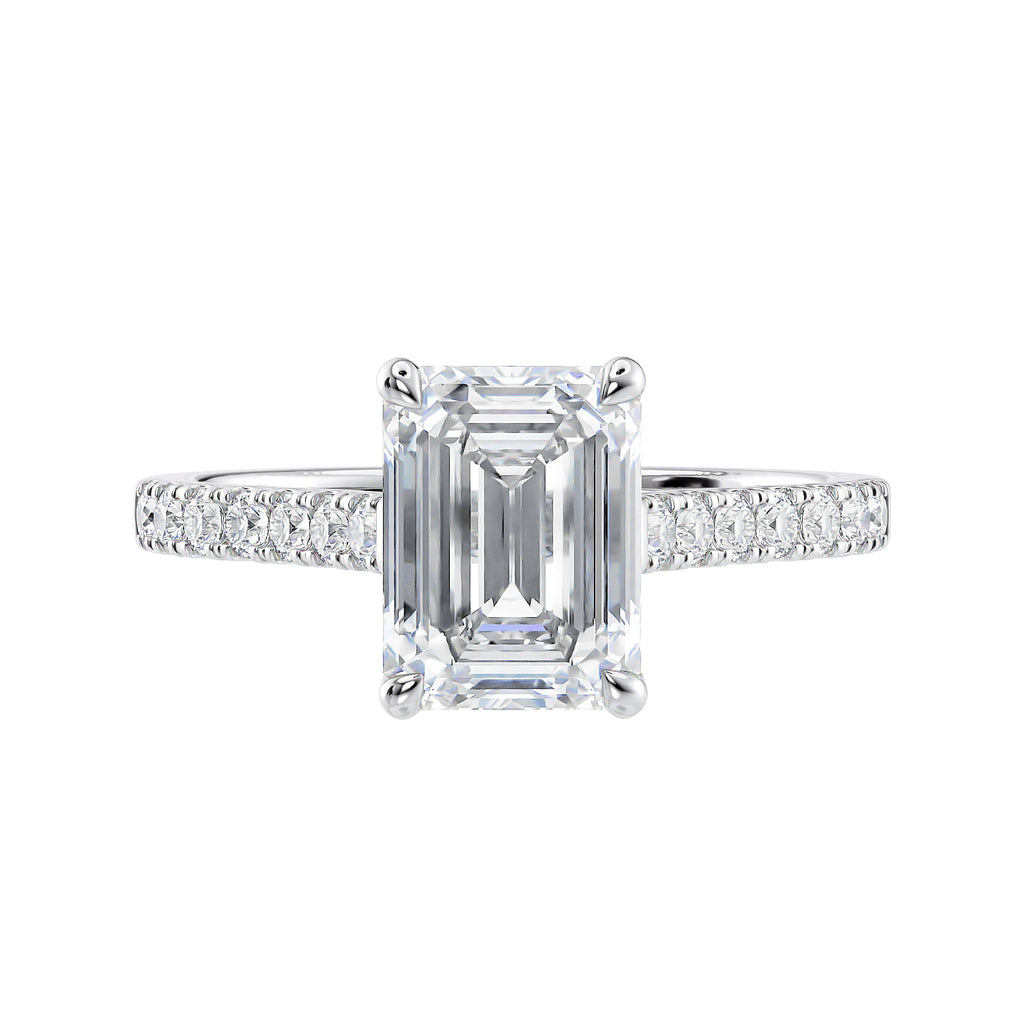 Emerald cut lab grown diamond engagement ring with castle set diamond band 18ct white gold front view.