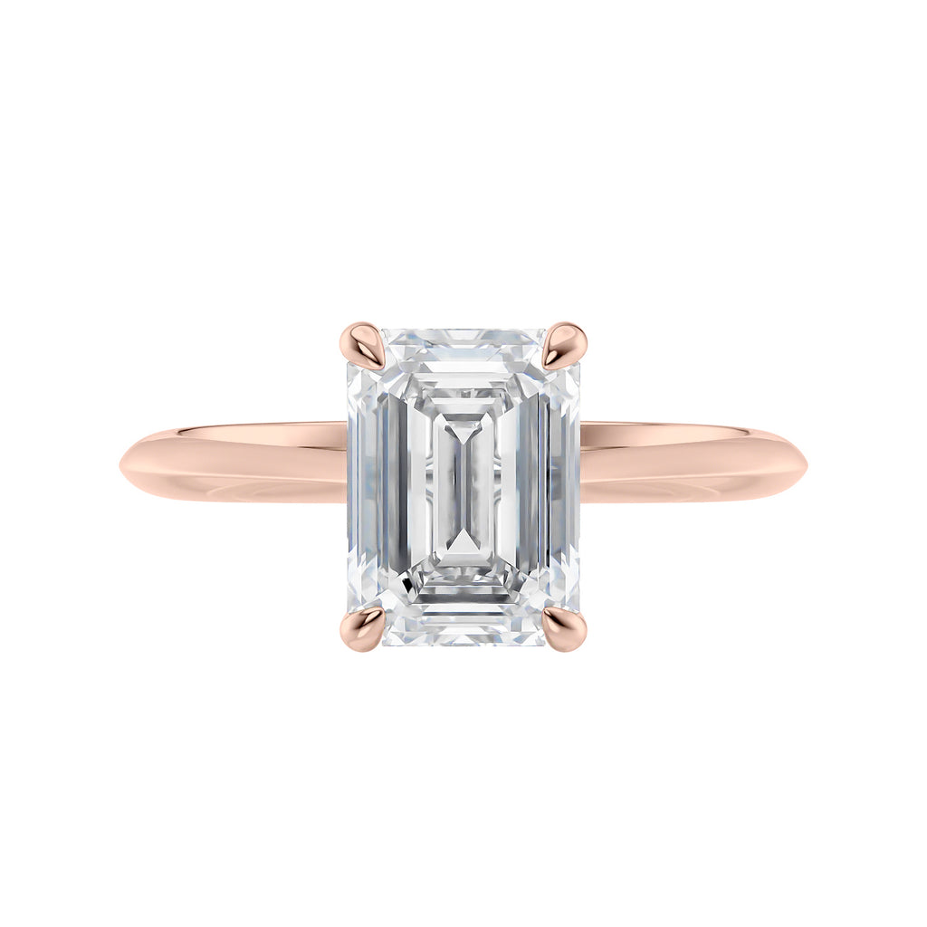 Emerald cut lab grown diamond hidden halo engagement ring 18ct rose gold front view.