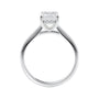 Emerald cut lab grown diamond hidden halo engagement ring white gold side view.