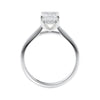 Emerald cut lab grown diamond hidden halo engagement ring white gold side view.