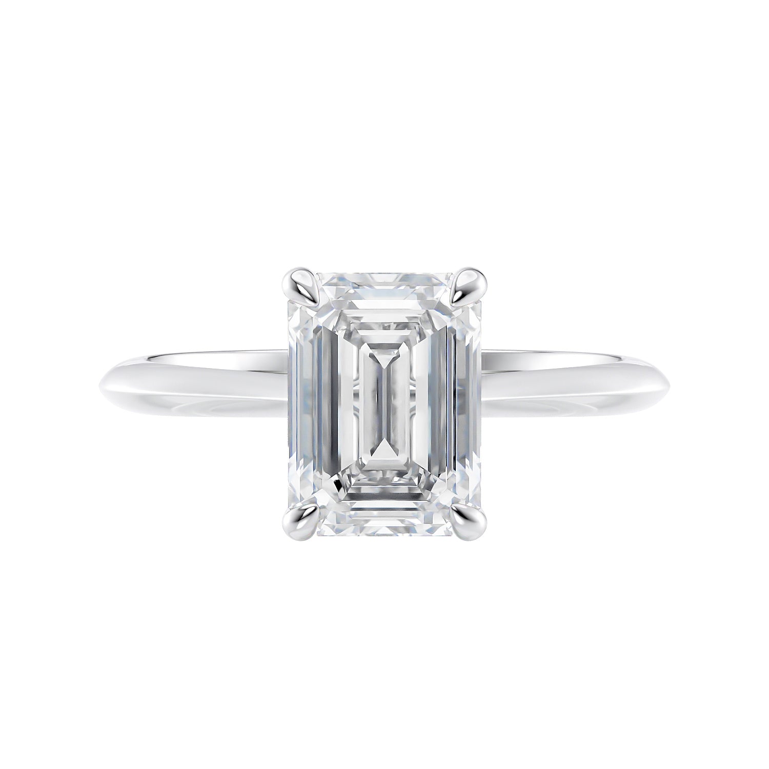 Emerald cut lab grown diamond hidden halo engagement ring white gold front view.