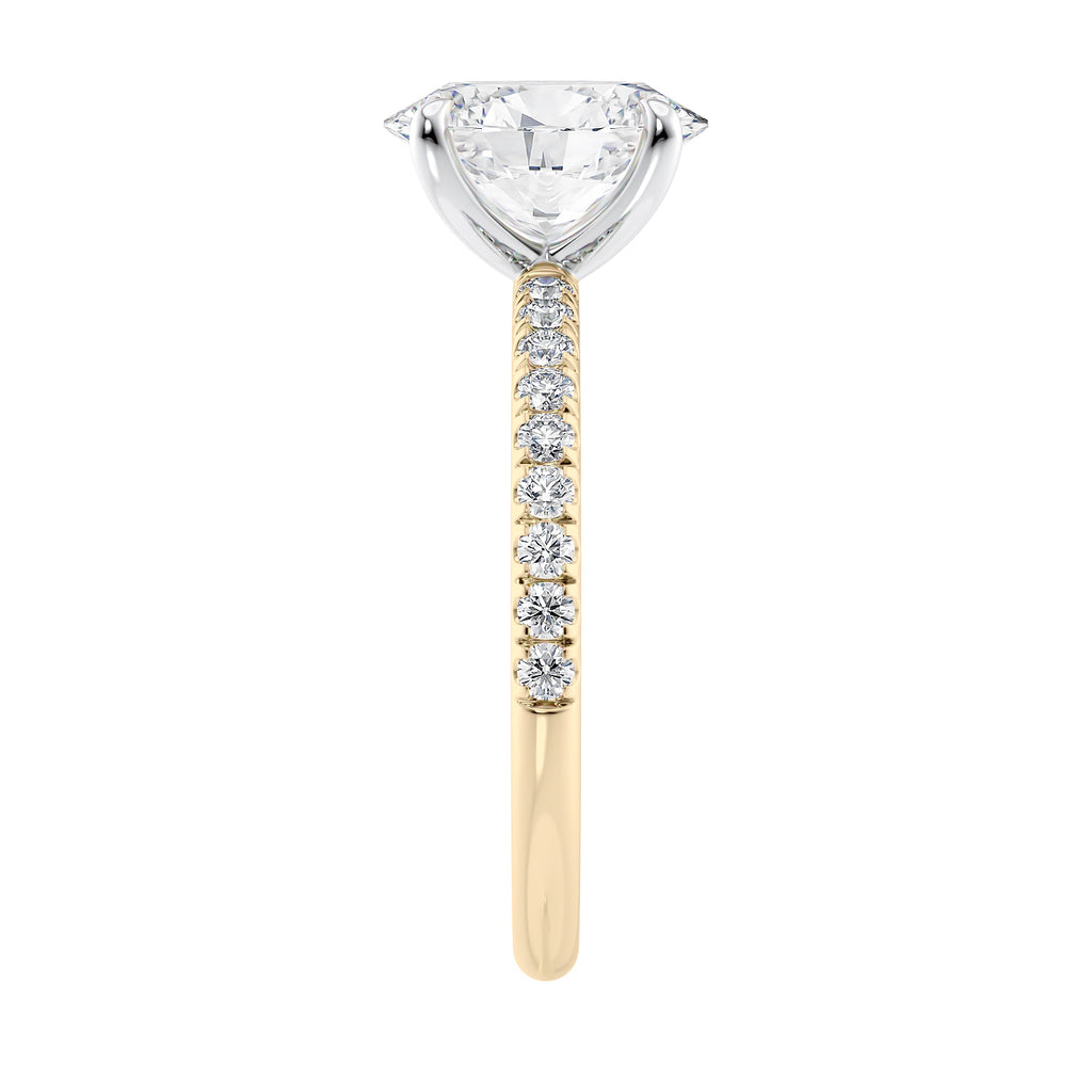 Laboratory grown diamond oval solitaire engagement ring with slim diamond band 18ct gold end view.