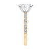 Laboratory grown diamond oval solitaire engagement ring with slim diamond band 18ct gold end view.