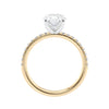 Laboratory grown diamond oval solitaire engagement ring with slim diamond band 18ct gold side view.