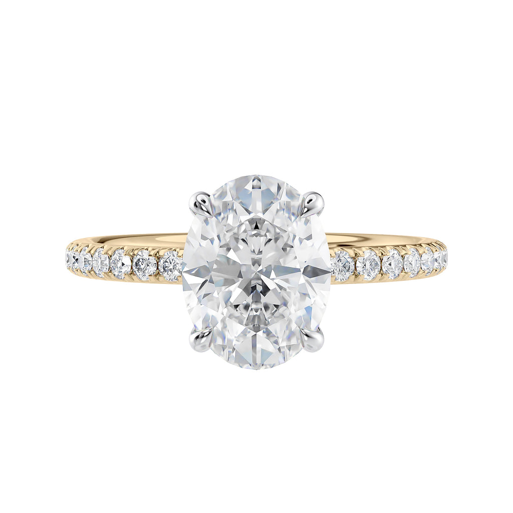Laboratory grown diamond oval solitaire engagement ring with slim diamond band 18ct gold front view.